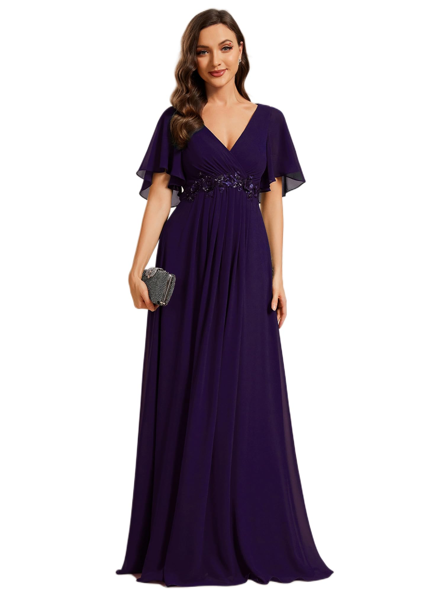 Ever-Pretty Long V-Neck Ruffle Sleeve Evening Dress