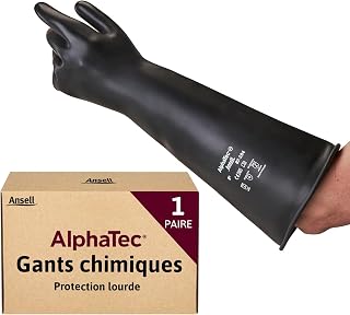 Ansell AlphaTec 87-104 Chemical Resistant Rubber Gloves with Extra Long 17" Cuff, Durable Black Latex Gloves for Industrial Use, Large, 1 Pair