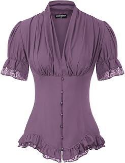 SCARLET DARKNESS Women Victorian Short Sleeve Shirt Button Down Blouse Shirts Dressy Top