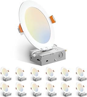 Amico 12 Pack 6 Inch LED Recessed Lighting, Canless Wafer Downlight, White | 5CCT 2700K-5000K, 5%-100% Dimmable, Ultra-thin, Metal housing, 1050LM 12W 120V, IC & Damp Rated, ETL & FCC, 50000h Life Span