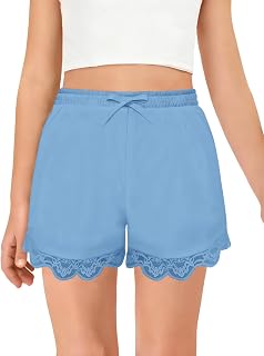 Haloumoning Pantaloncini da bambina con bordo in pizzo carino elastico in vita mini pantaloncini con tasche 5-14 anni