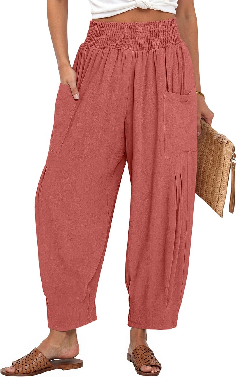 TARSE Boho Linen Pants for Women Summer Casual Loose High Waist Harem Lounge Bea