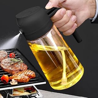 Oil Spray Bottle, 2 in 1 Oil Dispenser and Oil Sprayer, 16oz Glass Olive Oil Bottle for Kitchen, Black