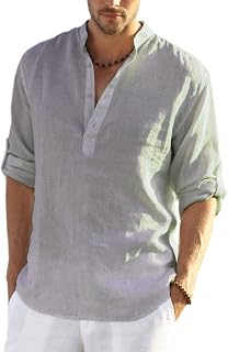 COOFANDY Men's Shirt Long Sleeve Henley Shirt Linen Shirt Cotton Casual Regular Fit Summer Shirt