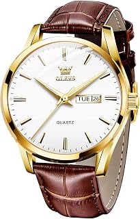 OLEVS Hommes Montre en Cuir Brun BoîTier en Or Analogique Quartz Mode Casual Business Dress Montre - Bracelet Date Night Light ImperméAble