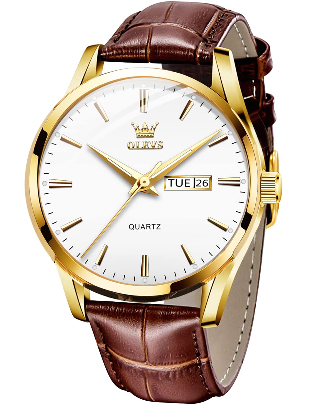 OLEVS Hommes Montre en Cuir Brun BoîTier en Or Analogique Quartz Mode Casual Bus
