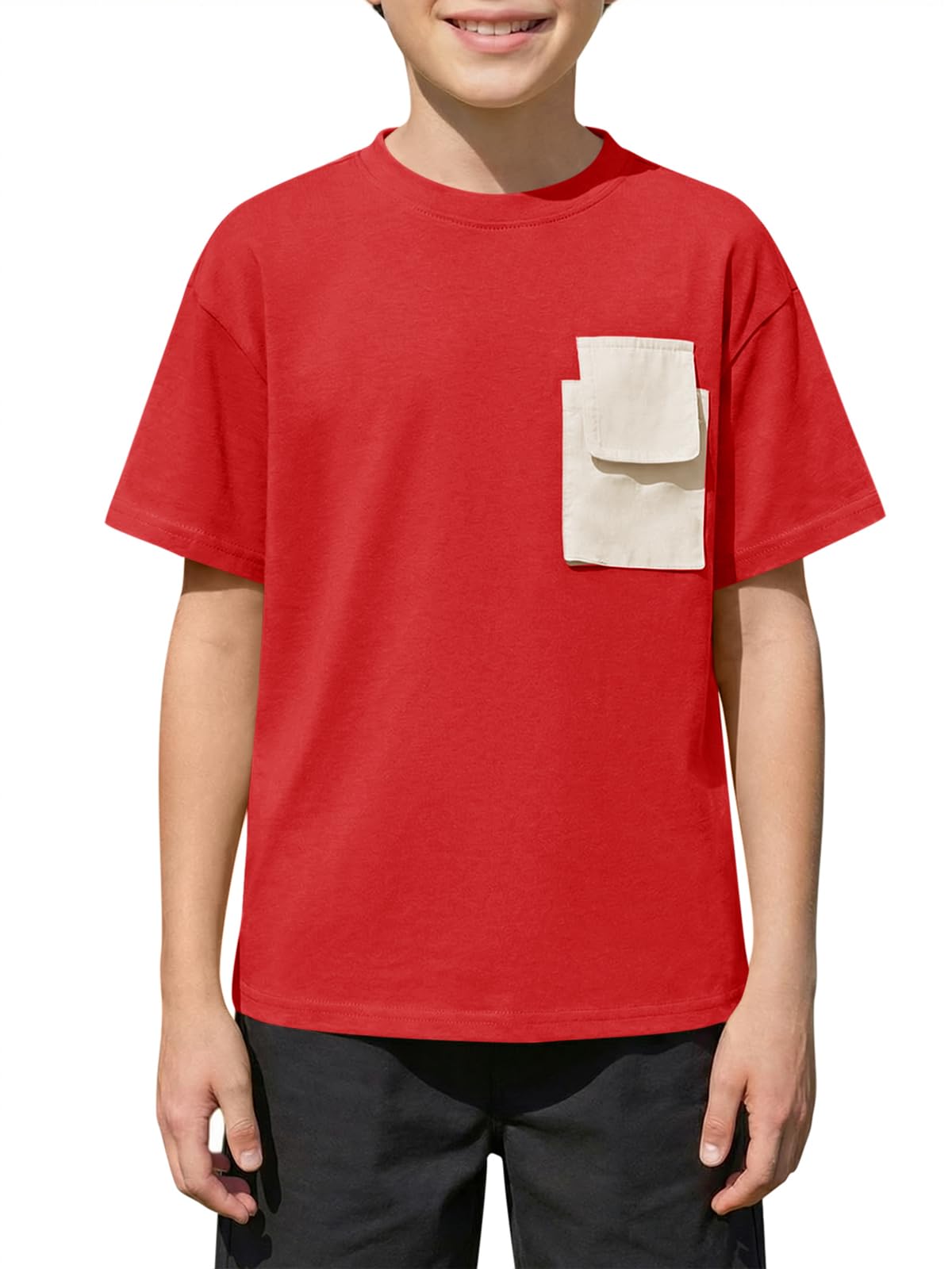 ボーイズ 半袖 Tシャツ キッズ ファッション クルーネック カジュアル Tシャツ トップス フラップ胸ポケット付き 5-14歳