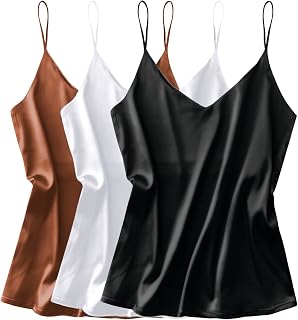 Ekouaer 3 Pack:Women Silk Satin Tank Tops V Neck Spaghetti Strap Camisole Loose Sleeveless Blouse