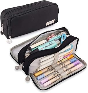 iSuperb Large Pencil Case 3 Compartments Pencil Pouch Big Capacity Pencil Bag Oxford Stationery Storage Pen Bag Cosmetic Makeup Pouch for Women Girls (Black)