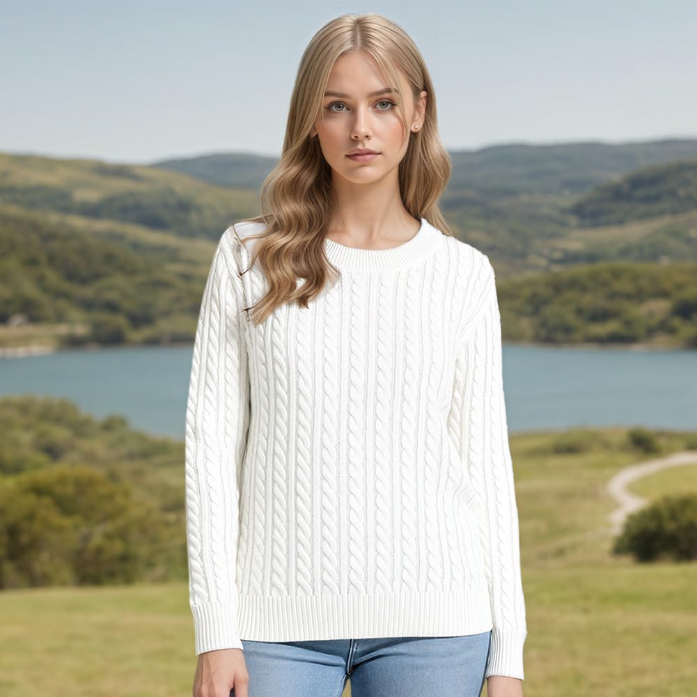 Women's Autumn Winter Cable Knit Round Neck Sweater Pullovers Stylish and Cozy