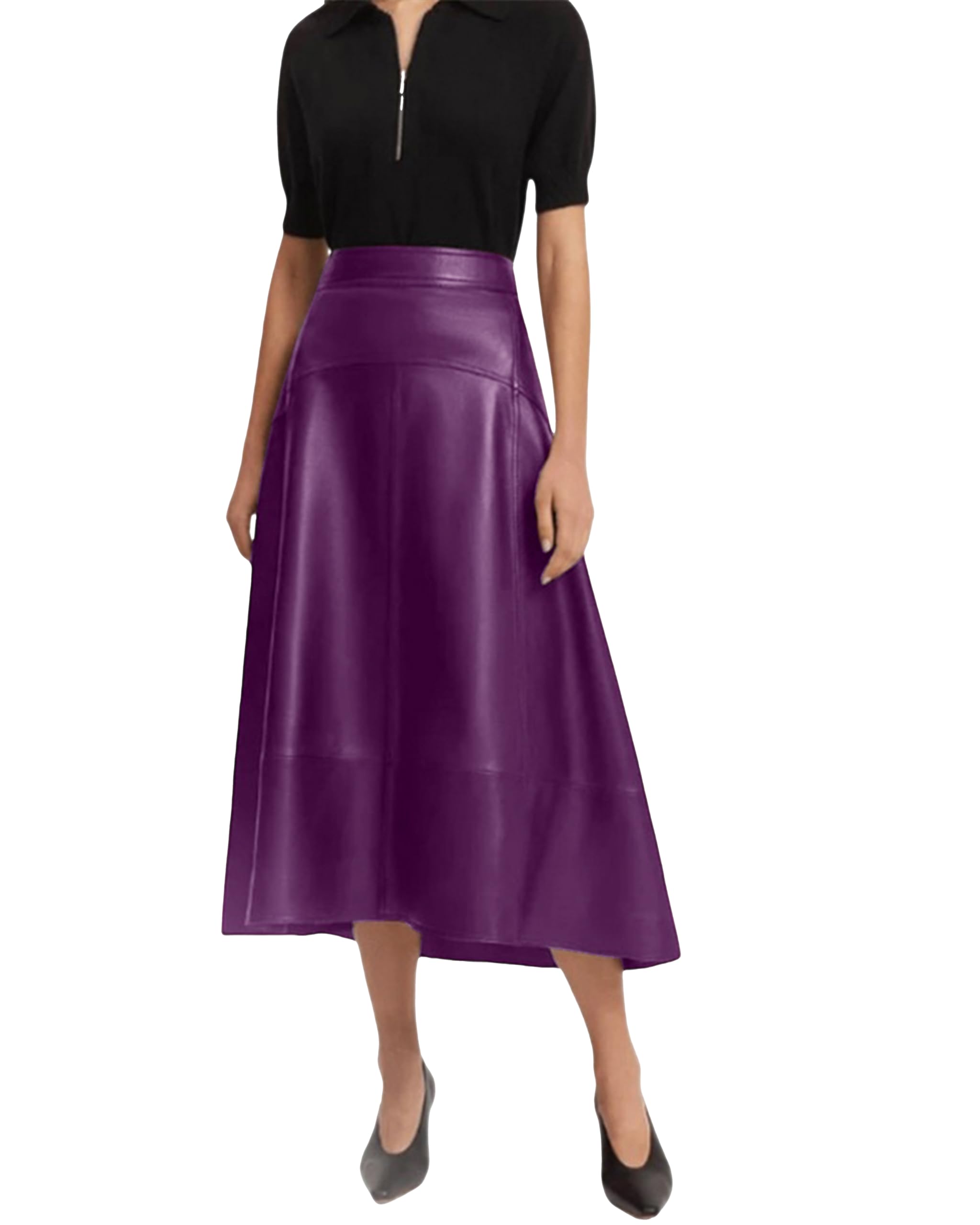 Jild A-Line Leather Skirts for Women - Casual High Waist Midi Length Skirt