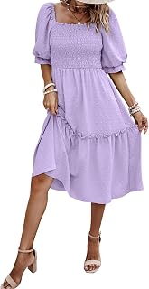 PRETTYGARDEN Women's Summer Casual Dresses 2026 Spring Puff Sleeve Square Neck A Line Flowy Boho Floral Smocked Midi Dress