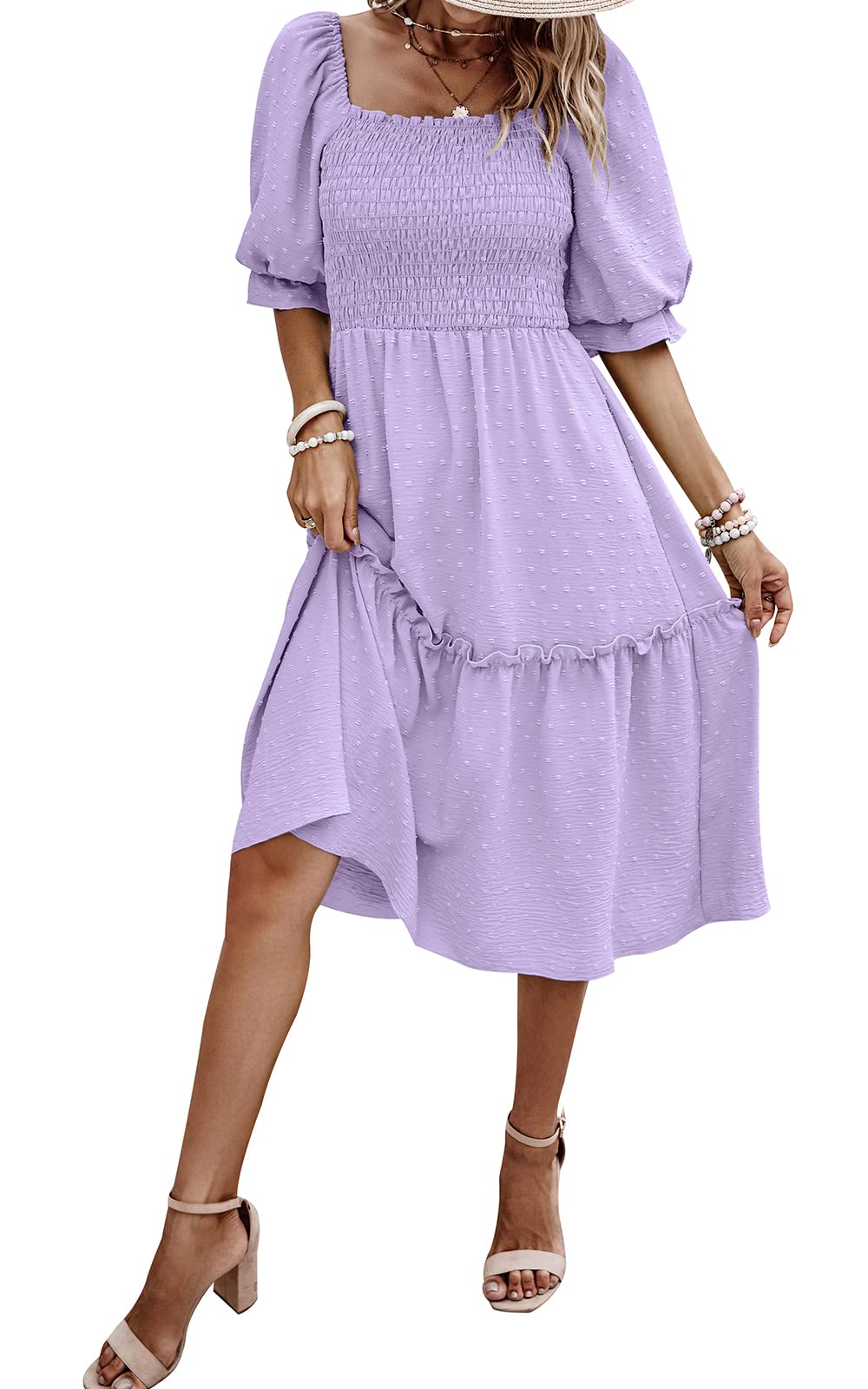 PRETTYGARDEN Women's Summer Casual Dresses 2026 Spring Puff Sleeve Square Neck A