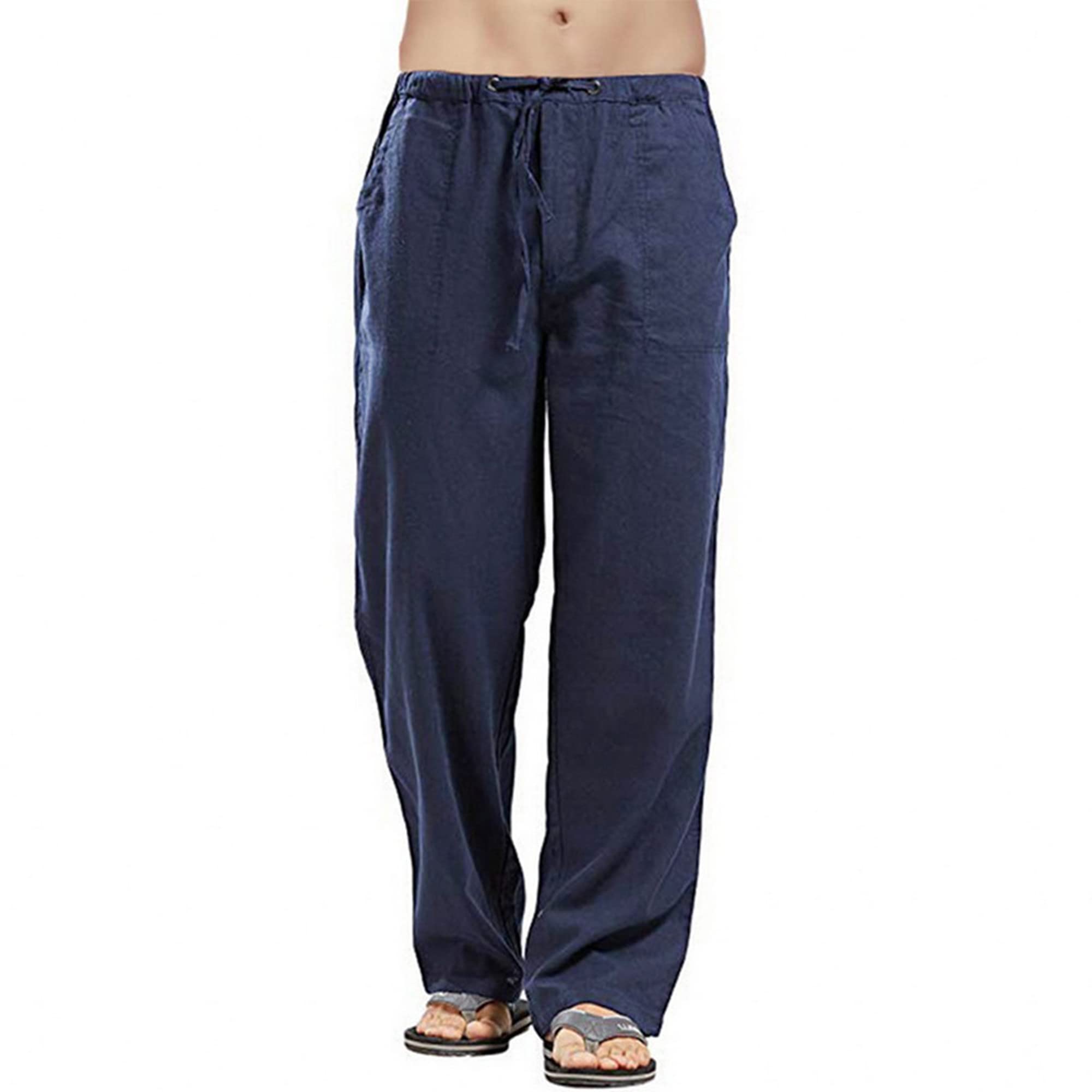 Men's Solid Linen Pants Relaxed Fit Casual Yoga Straight Legs Trousers