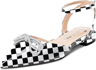 Castamere Women's Low Heel Pointed Toe Ankle Strap Flat Shoes Pumps Diamante Crystal Prom Party 1 CM Heels