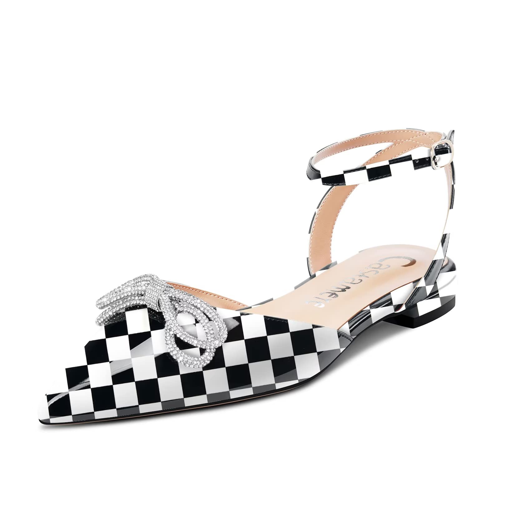 Castamere Women's Low Heel Pointed Toe Ankle Strap Flat Shoes Pumps Diamante Cry