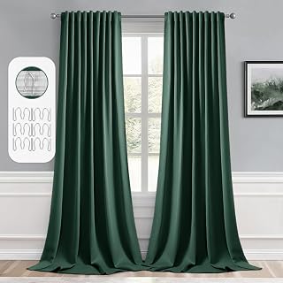 MIULEE Dark Green Back Tab Blackout Curtains 96 Inch Long 2 Panels Set for Living Room Bedroom, Rod Pocket/Pinch Pleated Long Christmas Thermal Insulated Room Darkening Floor to Ceiling Drapes