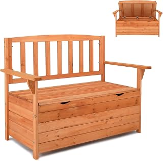 Outvita Outdoor Wood Storage Bench, Deck Box Loveseat, Natural | Waterproof Patio Organizer Provides Seating and Storage for Garden, Porch, Deck, Backyard, or Poolside