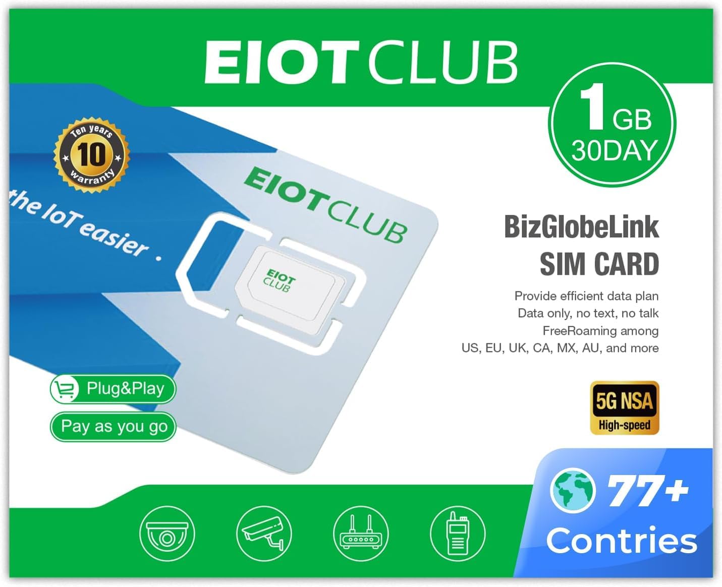 EIOTCLUB International Data Only SIM Card, 1GB 30-Day for 77 Countries | Prepaid