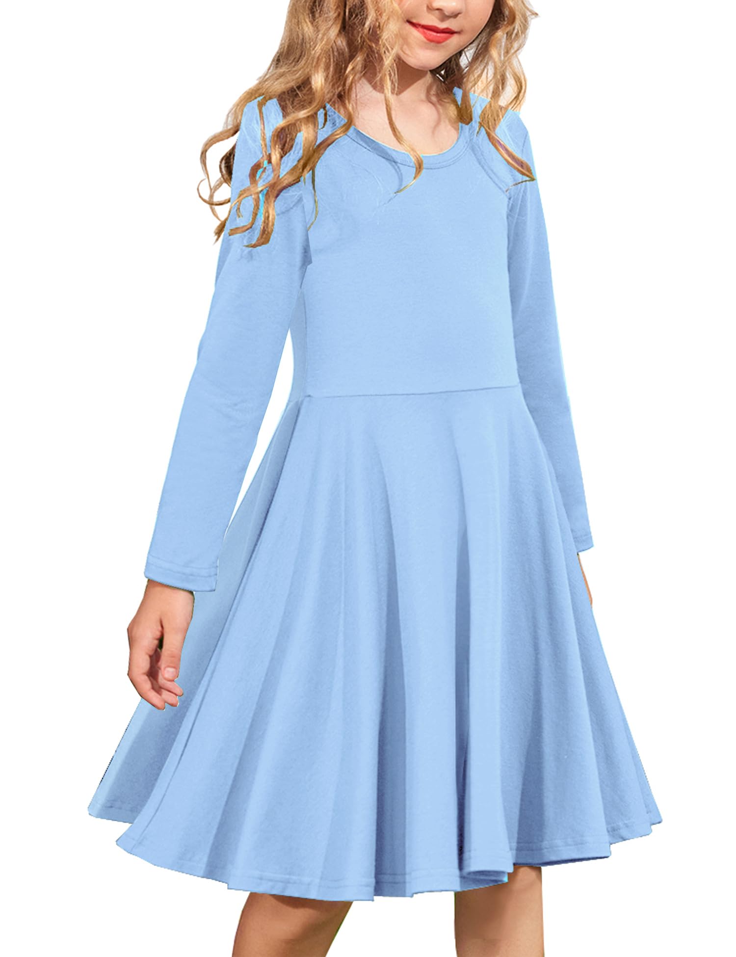 Arshiner Girls Long Sleeve Stretchy A line Twirly Skater School Party Dress