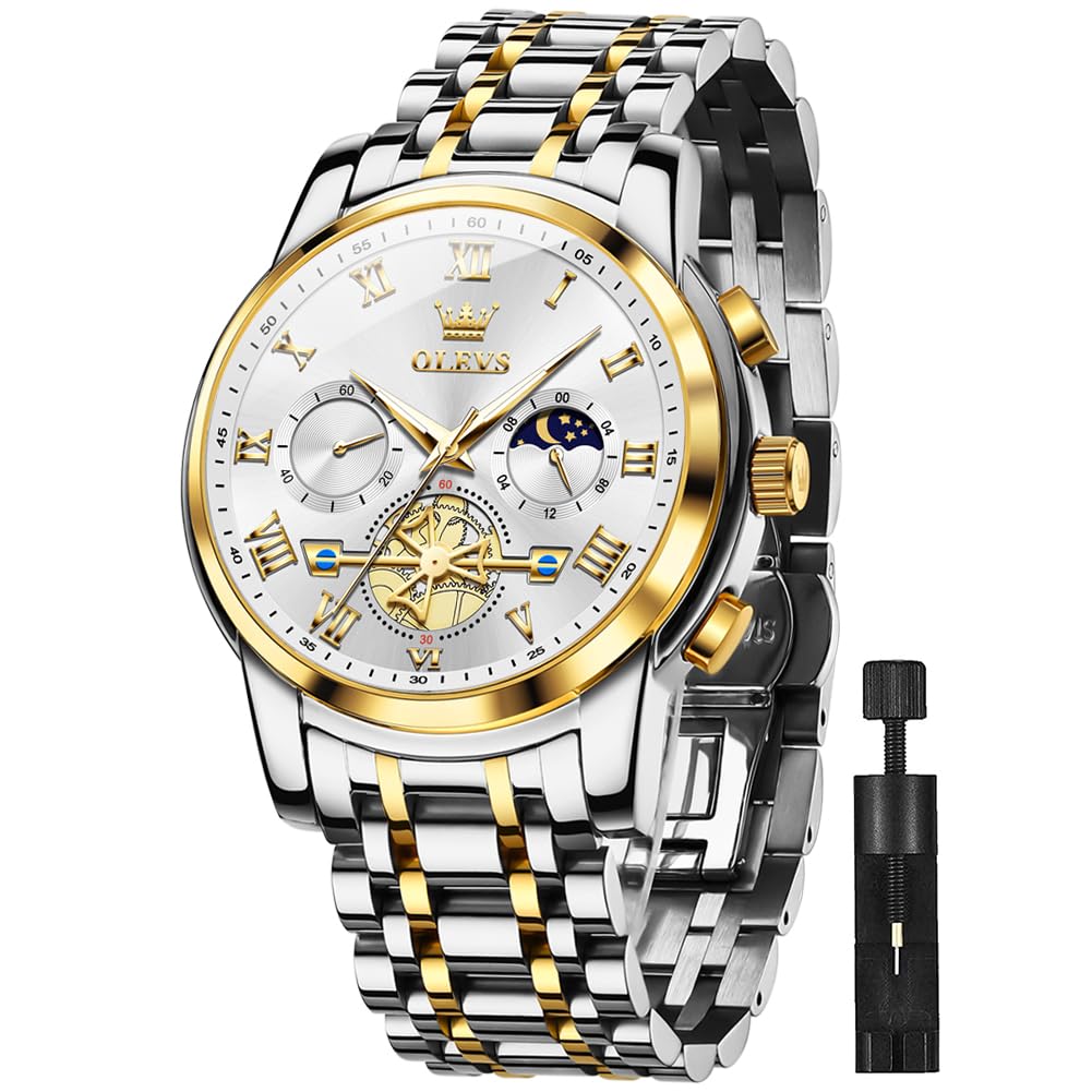 OLEVS Mens Square Analog Quartz Date Stainless Steel Waterproof Luminous Two Ton