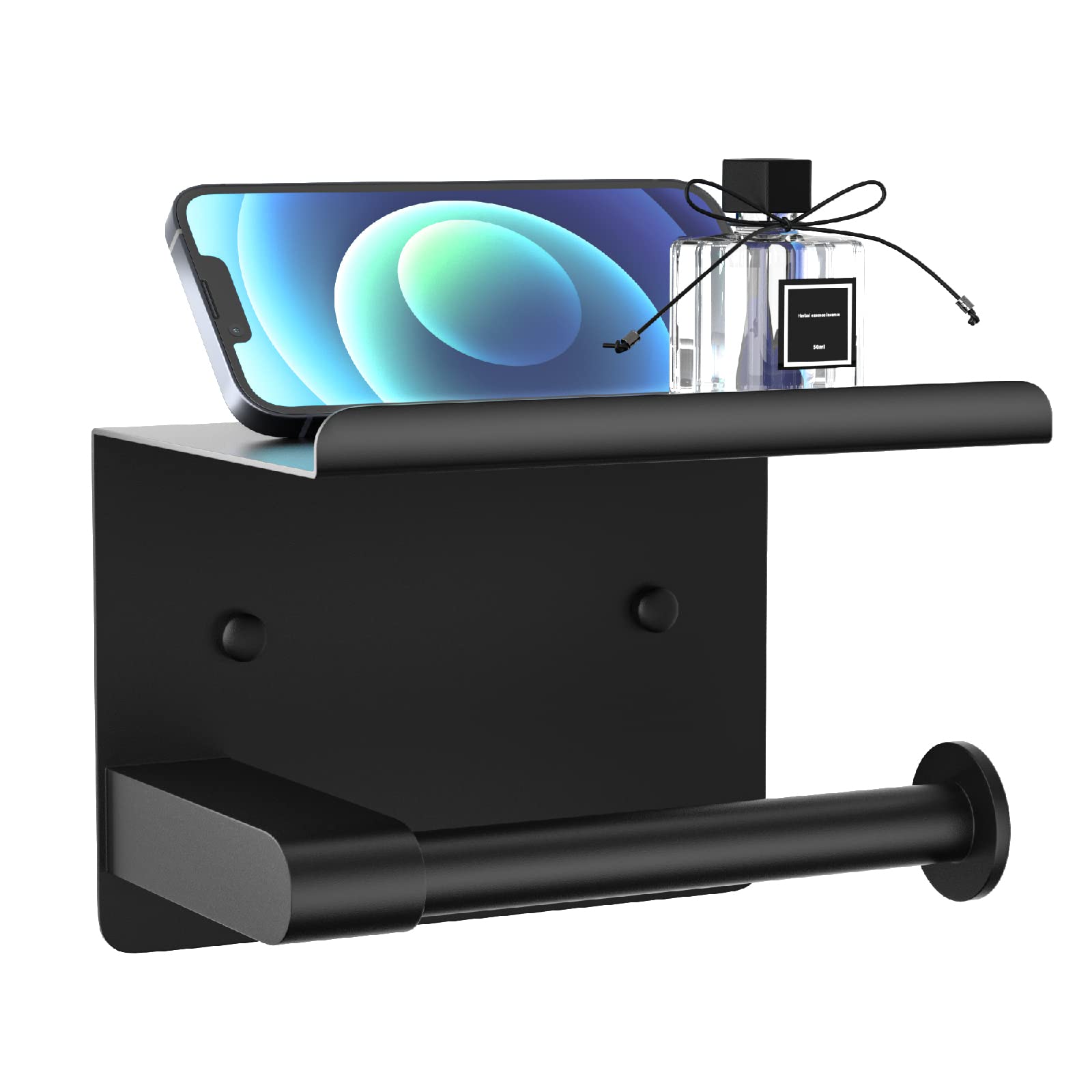 GLNLQ Matte Black Toilet Paper Holder with Shelf, Fits Mega Rolls Size | Adhesiv