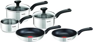 Tefal Comfort Max Stainless Steel 5-Piece Pots and Pans Set | 18/10 Grade, Glass Lids, 14 cm Milkpot, 16/18 cm Saucepans, 20 cm Frying Pan, Induction, C972S544