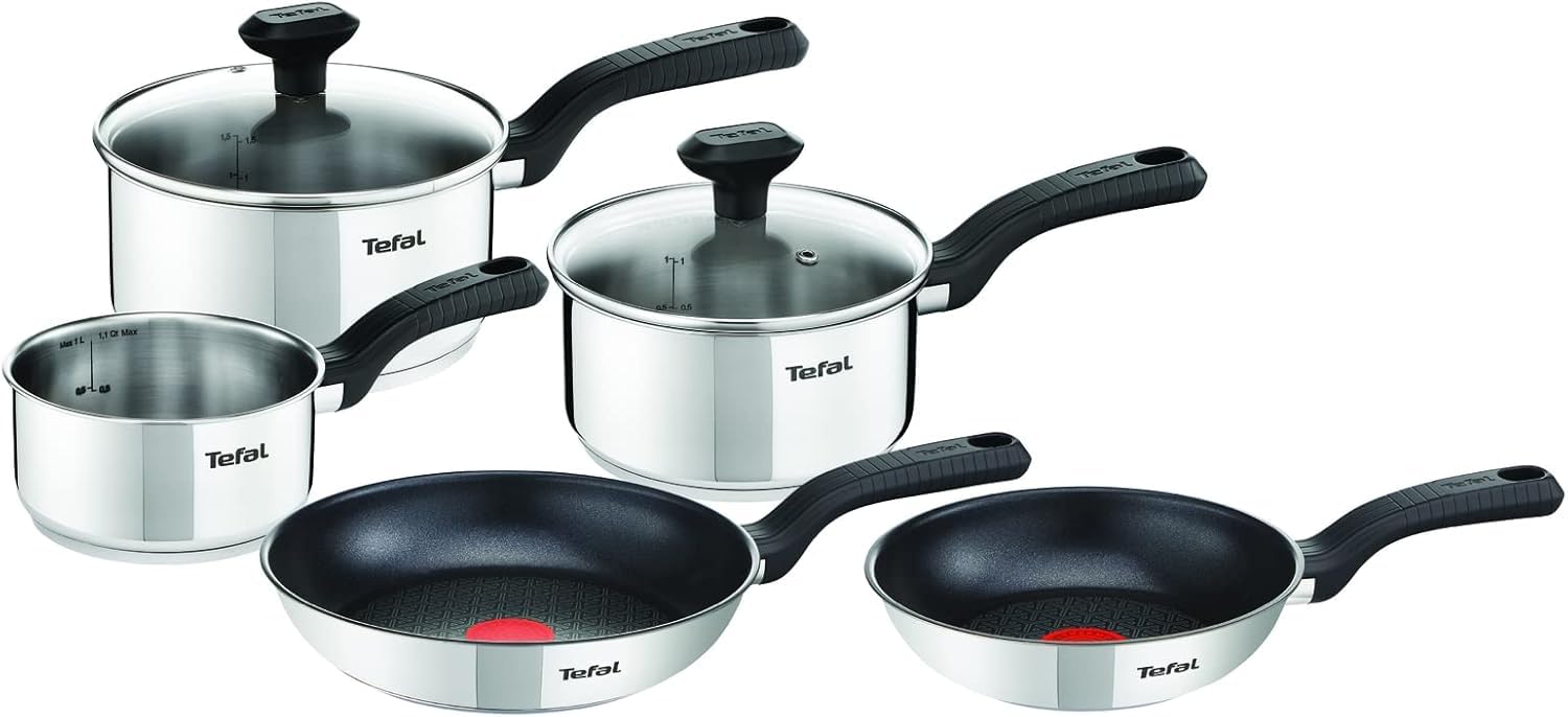 Tefal Comfort Max Stainless Steel 5-Piece Pots and Pans Set | 18/10 Grade, Glass