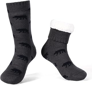 LEMZONE Men's Warm Slipper Socks Non Slip Thick Fleece Grip Cabin Socks