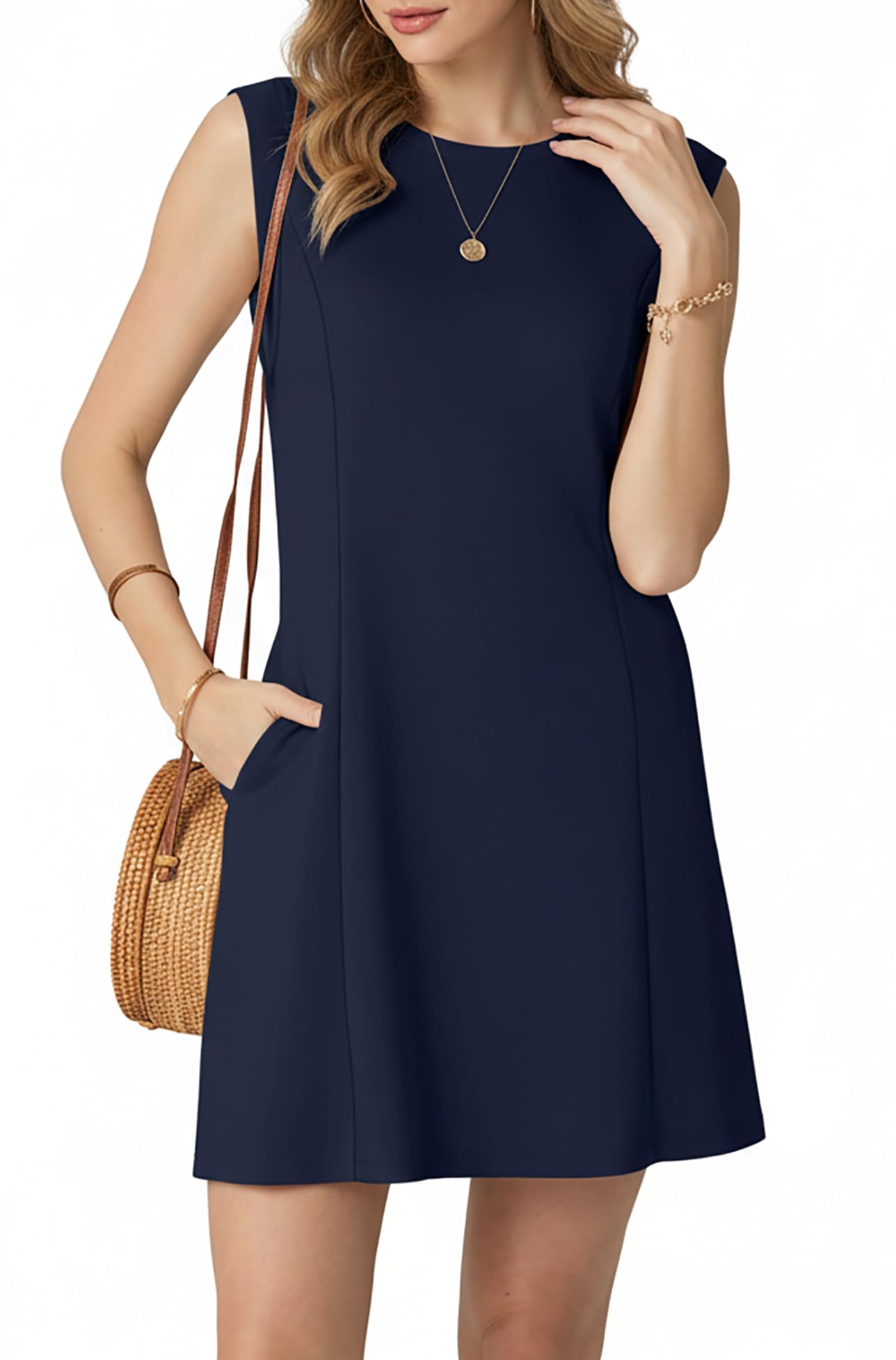 HiMONE Womens A Line Mini Dress Sleeveless Crew Neck Pullover Summer
