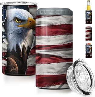 Eagle 4 in 1 American Flag Can Cooler Double Wall Stainless Steel Insulated Fits All 12oz Cans Beer Bottles Gifts for Men Dad Grandpa Veterans Day 4th of July