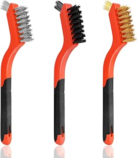 3PCS Wire Brushes for Cleaning Rust, Nylon, Brass & StainlessSteel Bristles | Upgrade Wire Brush Set with Curved Handle Grip for Paint, Rust & Stain Removal, 7-Inch Small Metal Wire Brushes