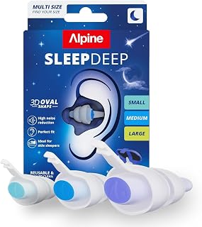 Alpine SleepDeep Earplugs for Sleep, Reusable, 3-Pack (S, M, L), 27 SNR | Earplugs reduce sounds (snoring, traffic), sleep better, Stays in place, Silicone-free, Side Sleeping, Soft ear buds, 3 sizes