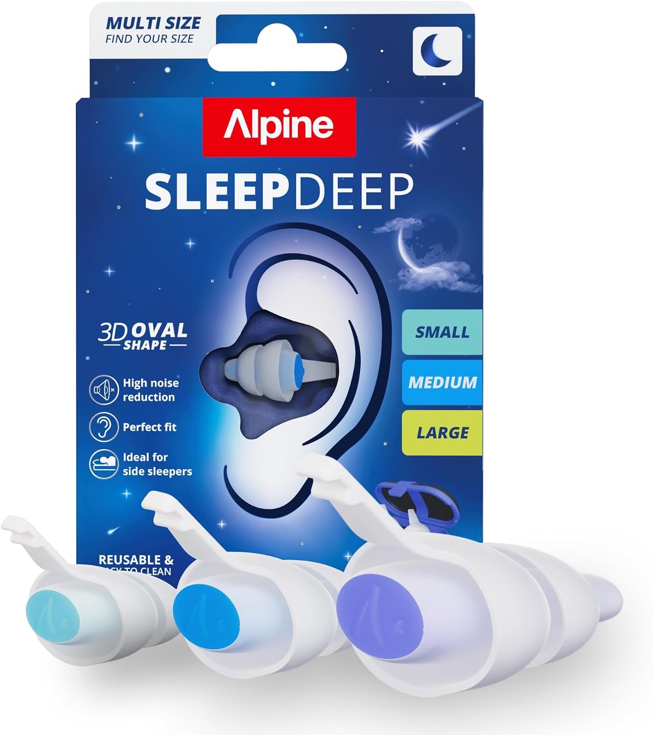 Alpine SleepDeep Earplugs for Sleep, Reusable, 3-Pack (S, M, L), 27 SNR | Earplu