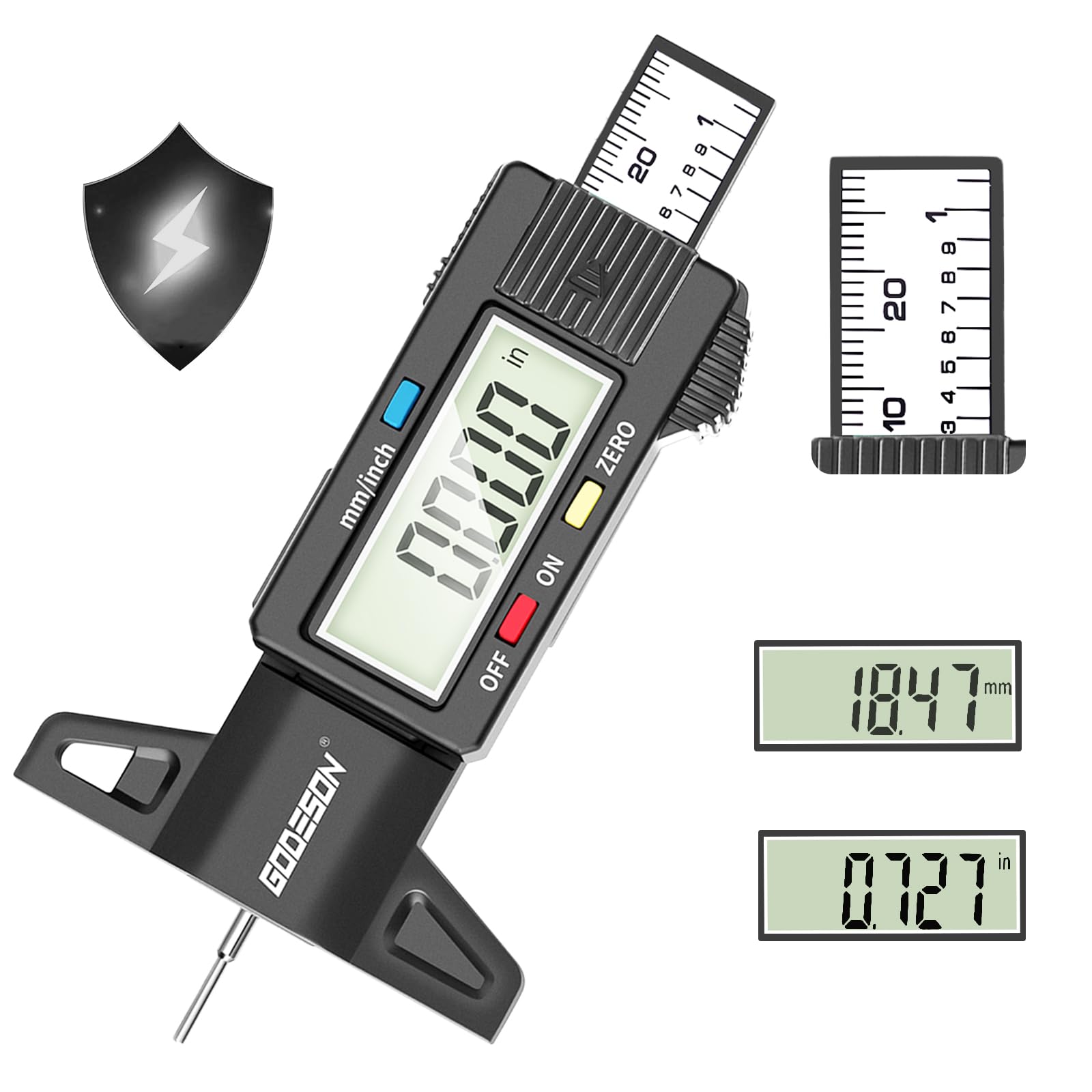 GODESON Digital Tyre Tread Depth Gauge UK,0-25.4 Mm Inch Tyres Gauge Power Savin