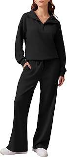 PINSPARK 2 Piece Sets for Women 1/4 Zip Lounge Matching Set Fall Outfits | Petite& Regular& Tall, Oversized Sweatshirt, Wide Leg Pants with Drawstring Pockets, Sweatsuit, 2026 Travel Airport Tracksuit