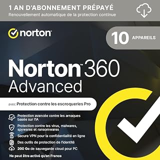 Norton 360 Advanced 2026 | 10 appareils | 1 An d'Abonnement en renouvellement automatique | Téléchargement