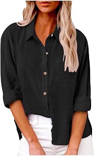Womens Linen Shirts Summer Long Sleeve Lapel Blouse Lightweight Casual Button Down Shirt Loose Work Tops with Pockets
