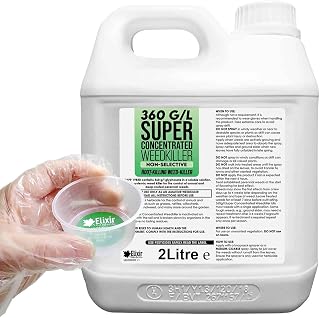 Elixir Gardens 360 g/l Glyphosate Commercial Industrial Strength Weed Killer | Treats up to 3332 sq.m | Concentrated Herbicide/Weedkiller | 2 x 1 Litre Bottle + Measuring Cup & Gloves
