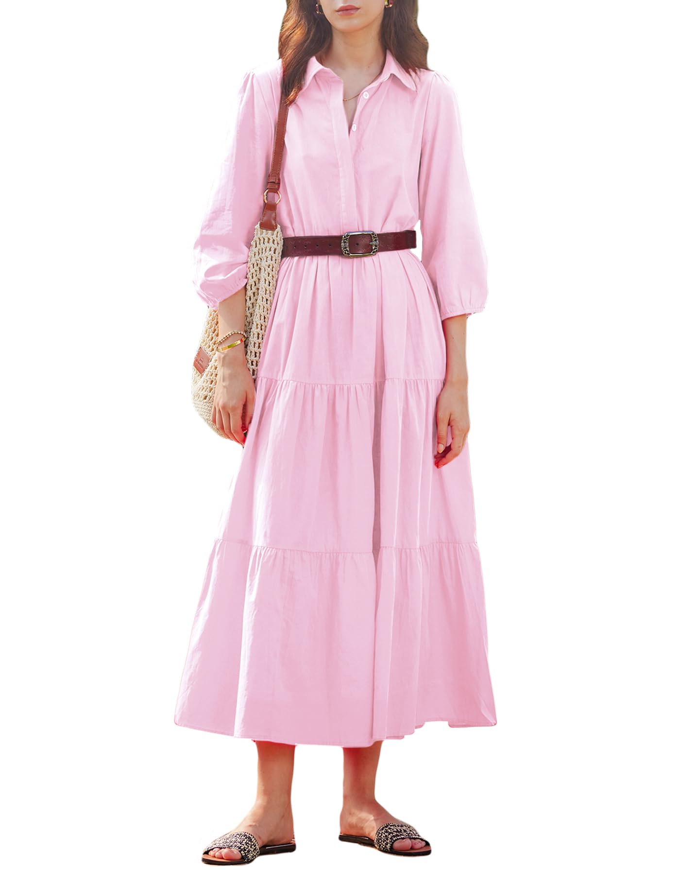Women Button Down Maxi Shirt Dress Long Sleeve Flowy Tiered Collared Dresses wit