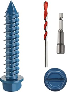3/16" x 1-1/4" Concrete Screws, 100 PCS Blue Hex Washer Head Concrete Screws Anchor Kit with Drill Bit and Hex Bit Socket, for Masonry, Cement, Block, Brick or Stucco