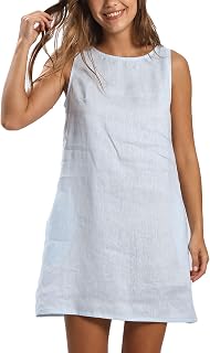 Amazhiyu Women's 100% Linen Summer Casual Sleeveless Crewneck Mini Tank Dresses Blue, Small