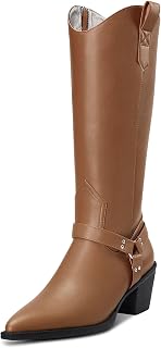 Aachcol Women Western Cowboy Boots Mid Calf Pull-Up Pointed Toe Block Chunky Mid Heel Dress Shoes Suede Zipper Shopping 6.5CM