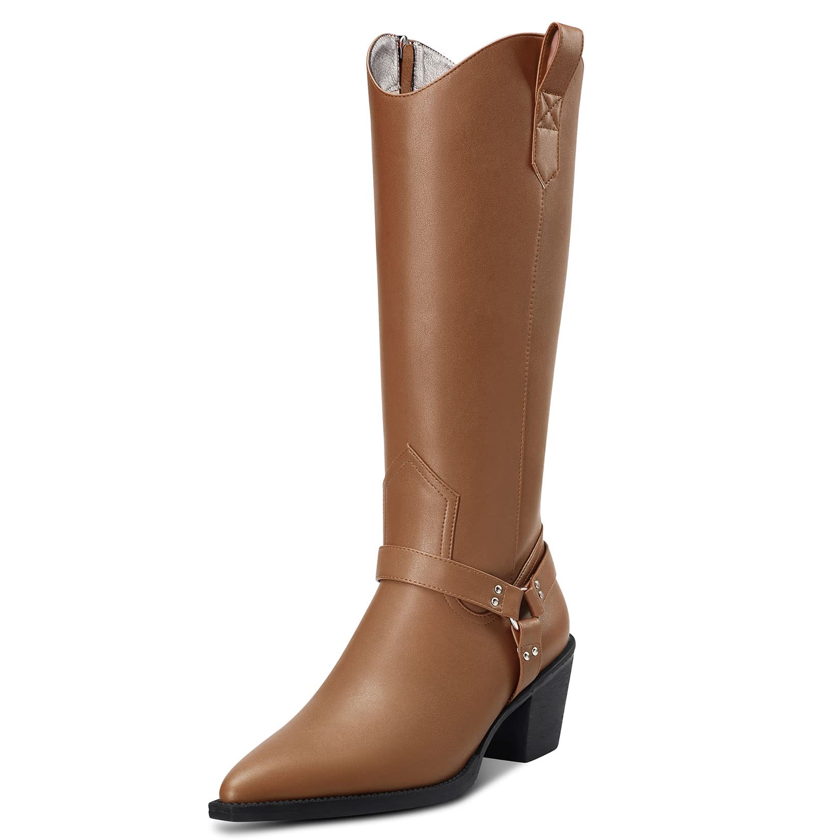 Aachcol Women Western Cowboy Boots Mid Calf Pull-Up Pointed Toe Block Chunky Mid