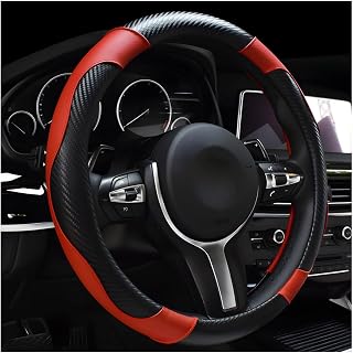 DXNQ Car Steering Wheel Cover, 15 Inch Carbon Fiber Leather Stitching Color Steering Wheel Protector, Anti-Slip Elastic Breathable Steering Wheel Cover Stylish Decor for Most Cars (Black&amp;Red)