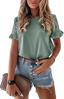 PRETTYGARDEN Women's Short Sleeve Casual T Shirts Cute Ruffle Summer Tops