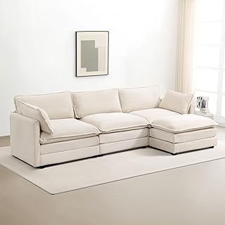 ROWHY 112'' Modular Sectional Cloud Couch with Movable Ottoman, 4 Seat Modern Corduroy Sofa, Deep Seat L Shaped Couch for Living Room Bedroom Apartment, Beige