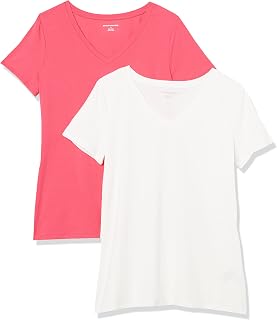 Amazon Essentials Camiseta de Manga Corta con Cuello en Pico y Corte Recto Mujer, Paquetes Múltiples