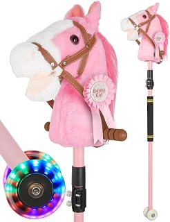 UEGHNS Handcrafted Plush Hobby Horse Sticks,Horse Riding Stick for Girls 30-50" Adjustable Height with Flashing Wheels & Realistic Neigh Sounds Birthday Gift Riding Pretend Play Toy Ages 4+
