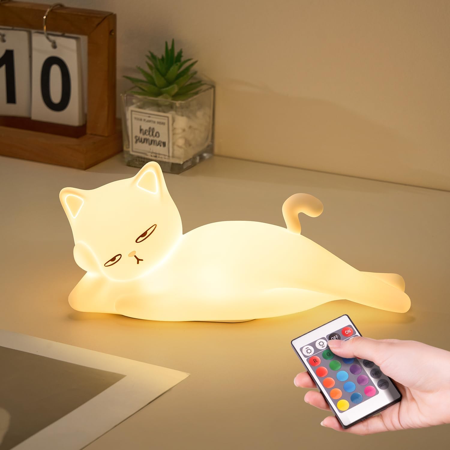 Lying Cat Lamp Funny Gifts, 16 Colors+5 Dimming+Silicone Random Stuff, Touch+Rem
